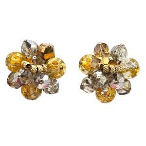 Earrings Vendome Hand Wired Cluster Golden AB Round Faceted Beads Vintage 60s